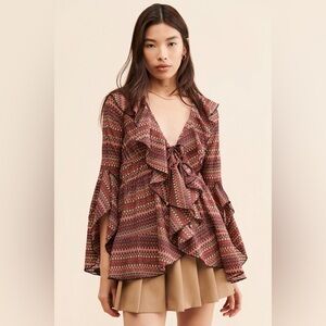 Free People Palma Ruffle Top Blouse Bell Sleeves Boho Red/Black Multi Size S